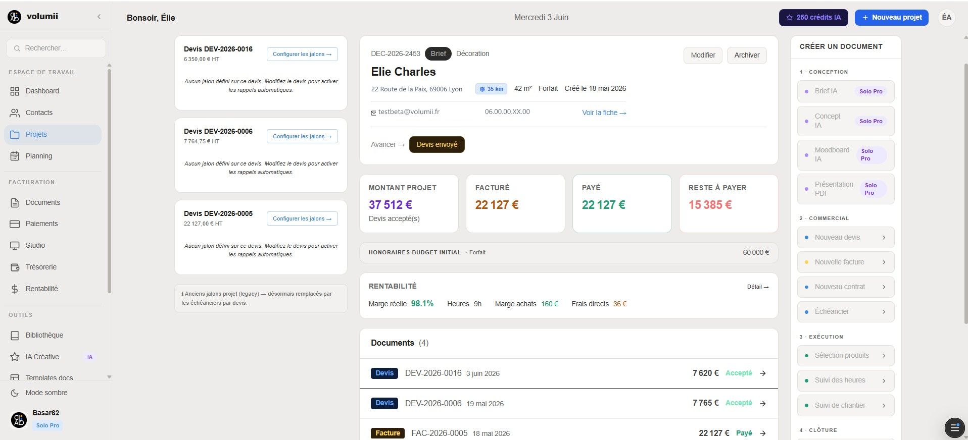 Vue projet et devis dans Volumii